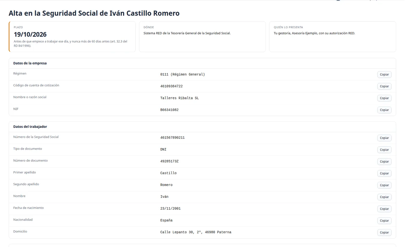 Datos para presentar el alta en la Seguridad Social de un trabajador, con el plazo y un botón de copiar por dato.