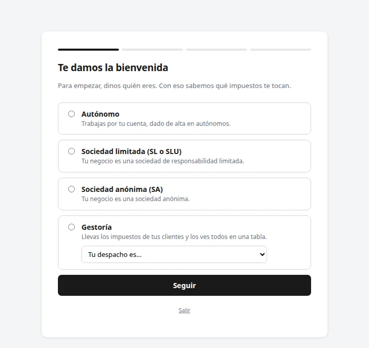 Asistente de bienvenida: elegir entre autónomo, sociedad limitada, sociedad anónima o gestoría.