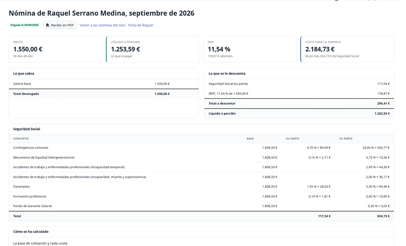 Nómina de septiembre de 2026: bruto, líquido a percibir, retención de IRPF, coste para la empresa y cotizaciones a la Seguridad Social.